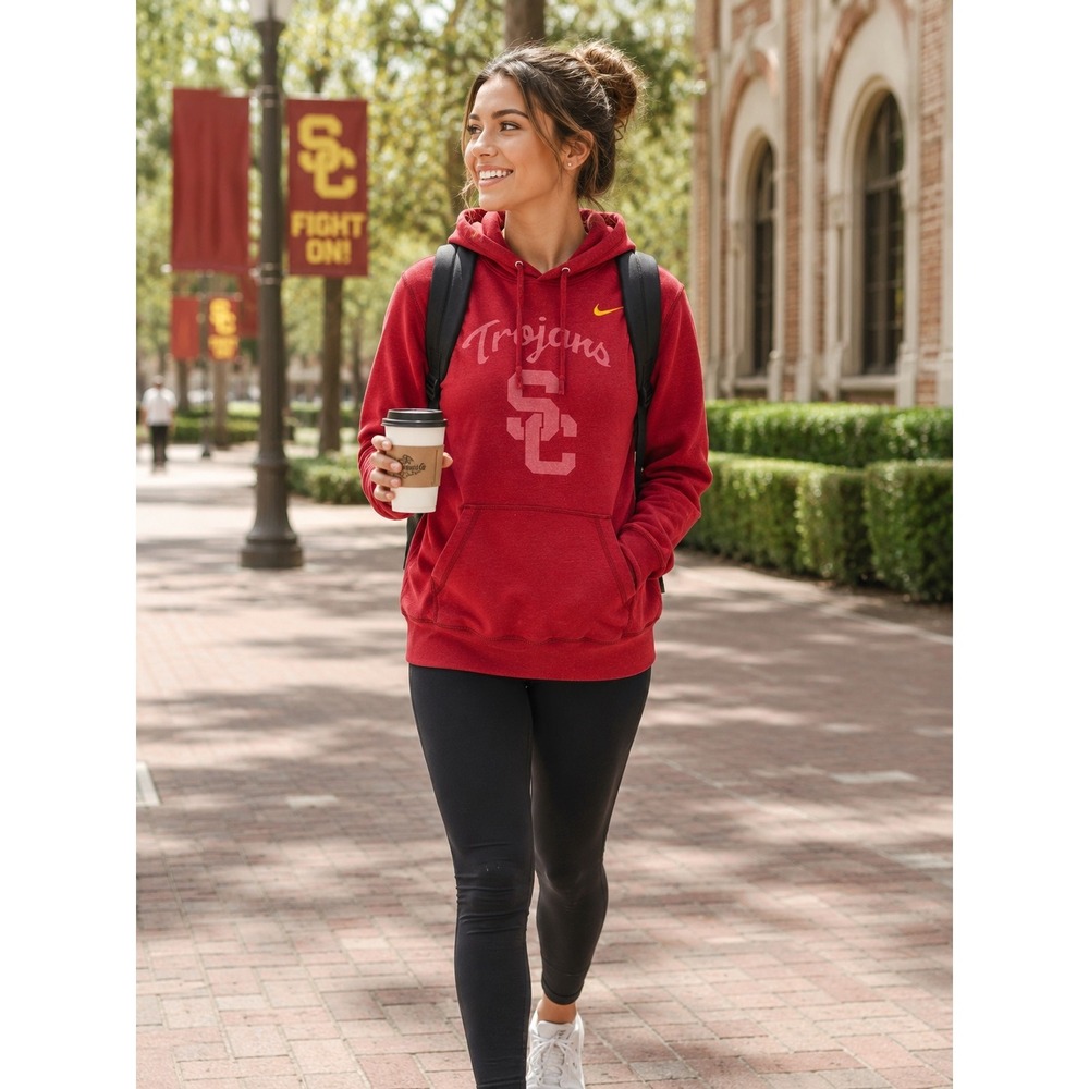 Nike USC‎ Trojans Women Medium Red Pullover Hoodie Sweatshirt Graphic SC Logo